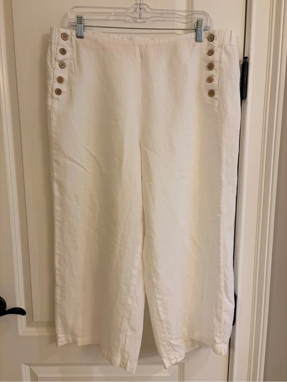 J.Jill Love Linen White Wide Leg Crop Pants Nautical Button L Petite - Picture 2 of 10